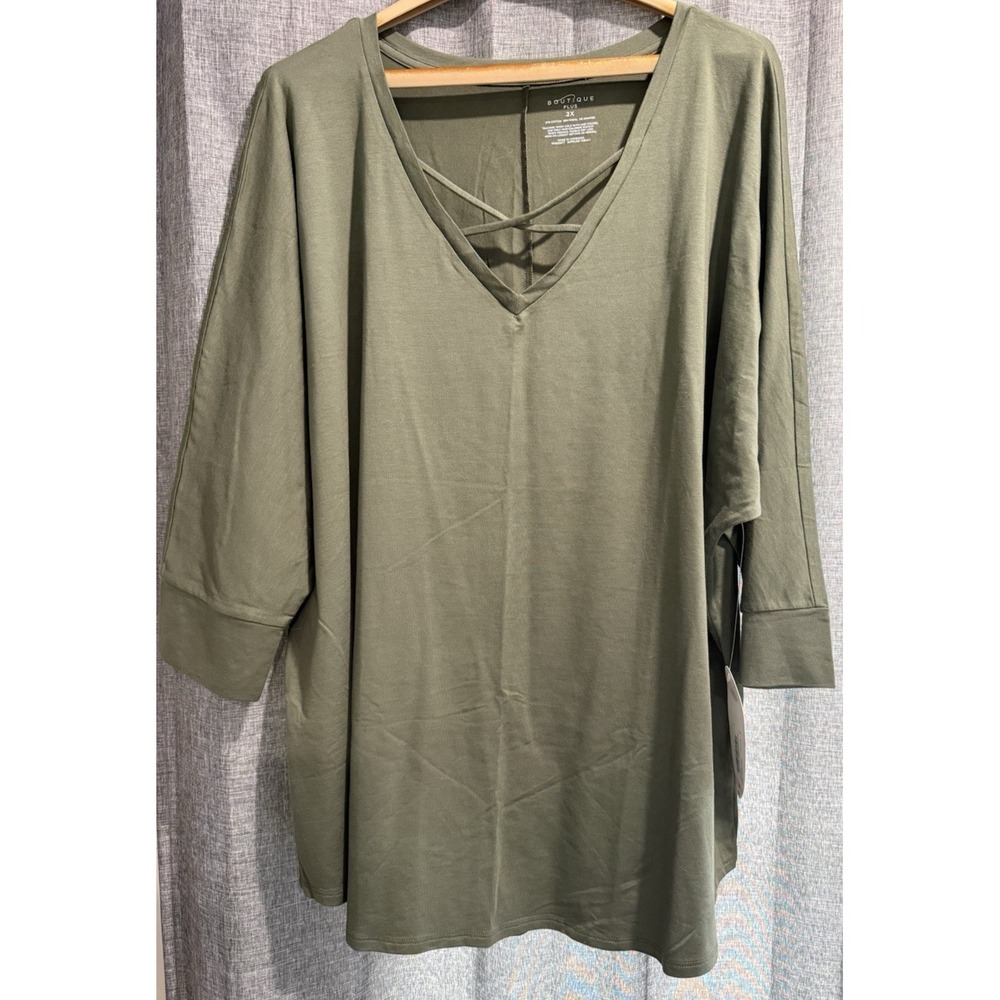 Boutique Plus 2X Modal Soft Green V-neck w/Criss Cross Strap Neck 3/4 Sleeve NWT